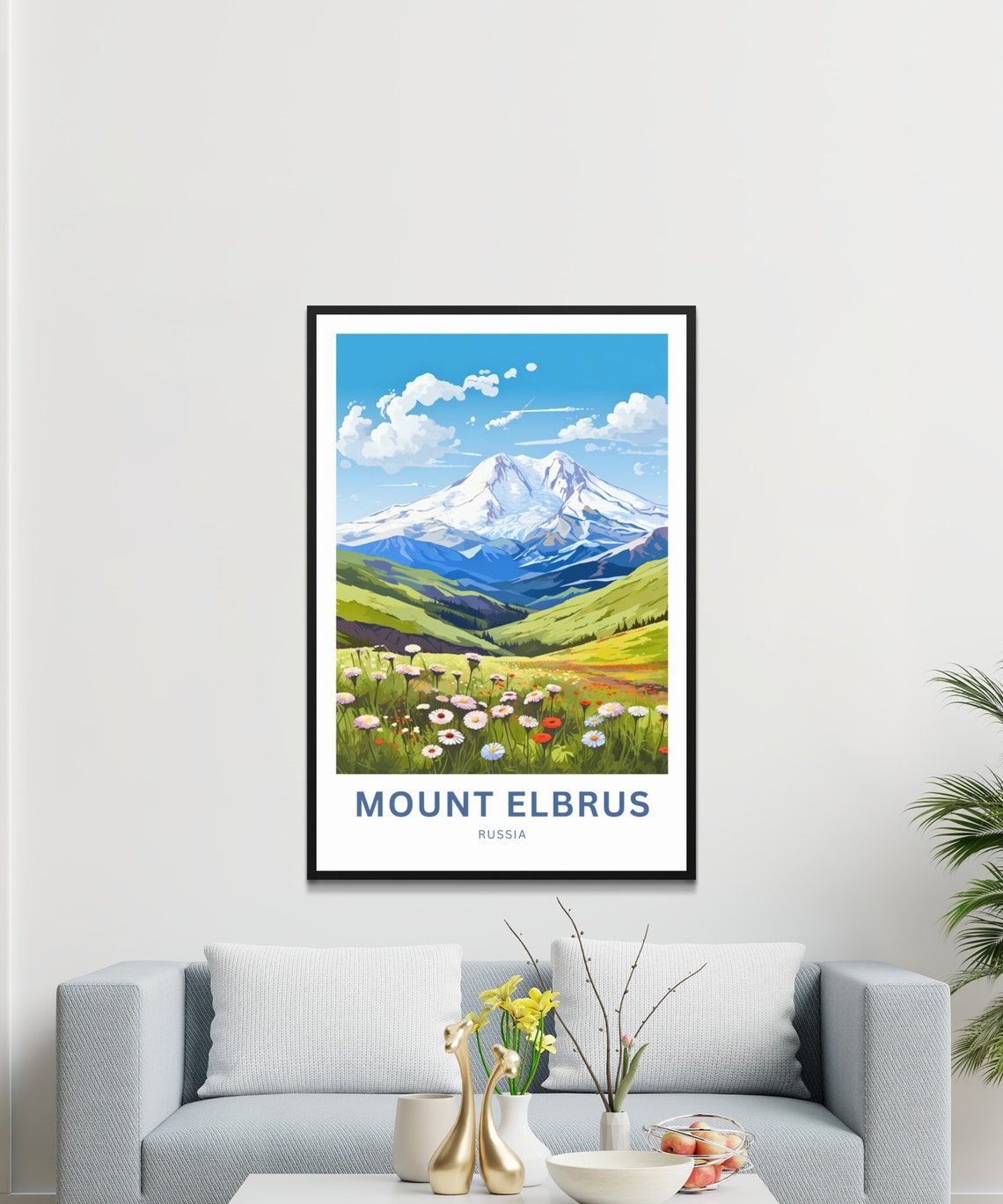 Mount Elbrus Russia Snowy Peak Wildflower Meadow Travel Poster - Image 2