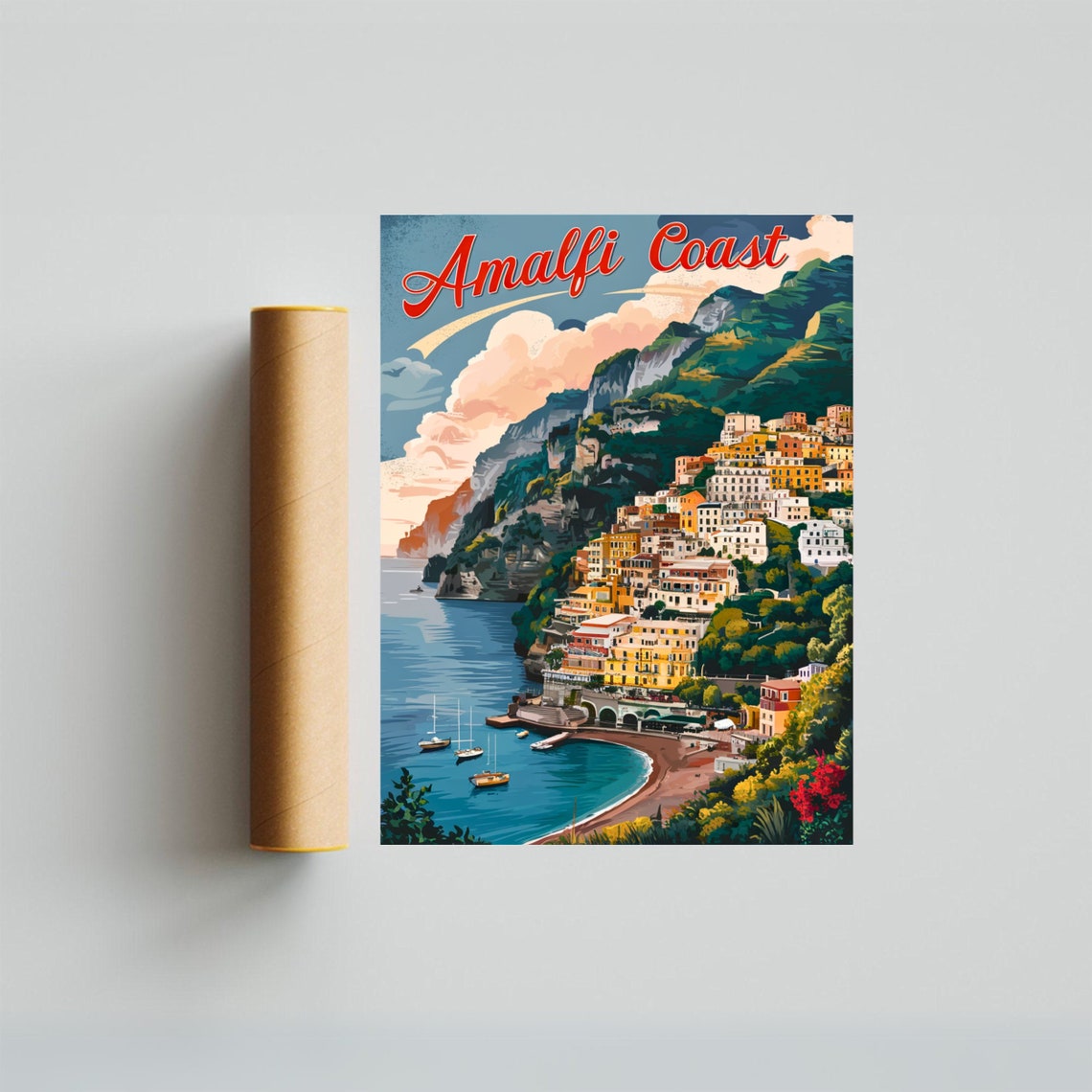 Amalfi Coast Italy Terraced Hillside Town Sunset Travel Poster - Image 3