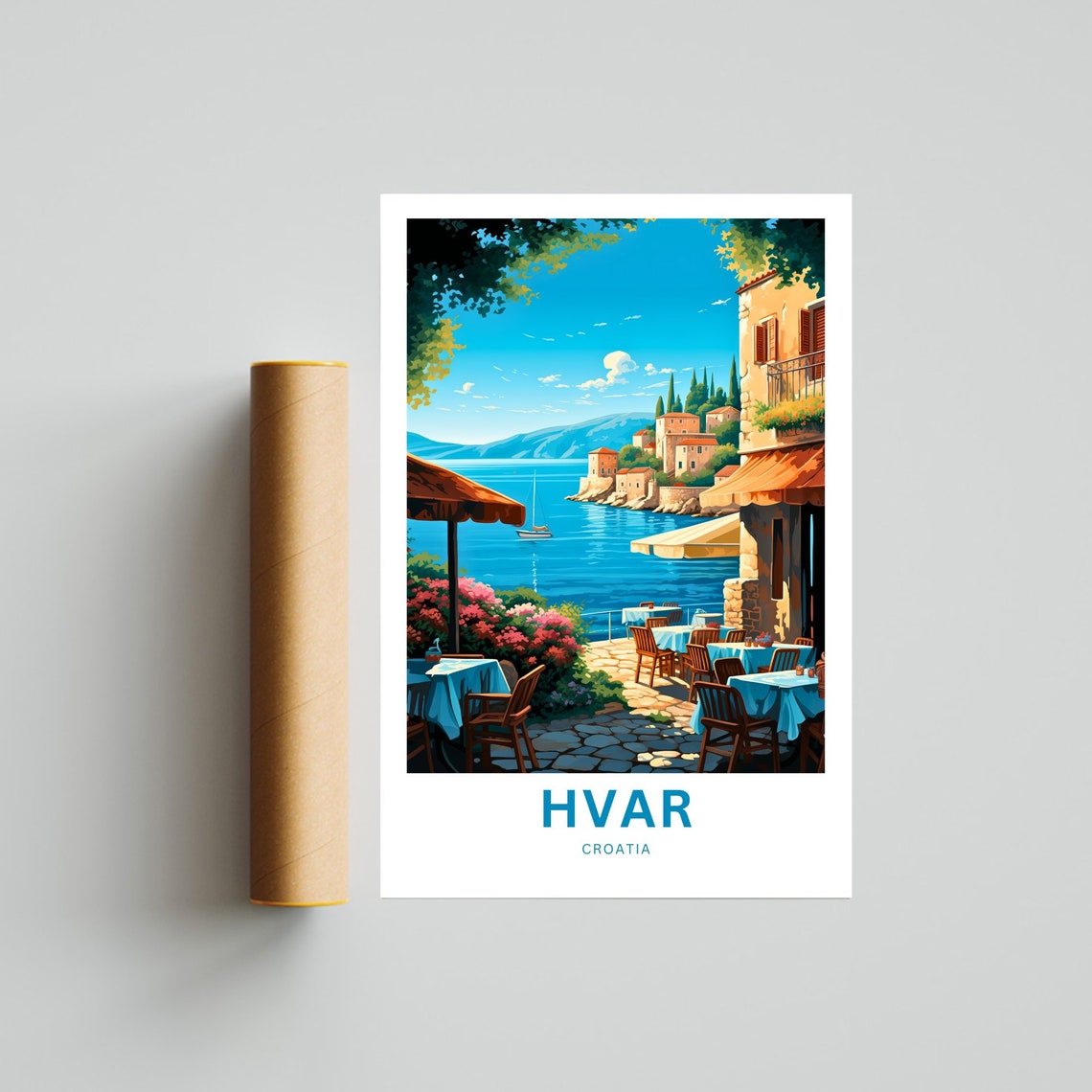 Hvar Croatia Sunny Seaside Cafe Terrace Harbor View Travel Poster - Image 4