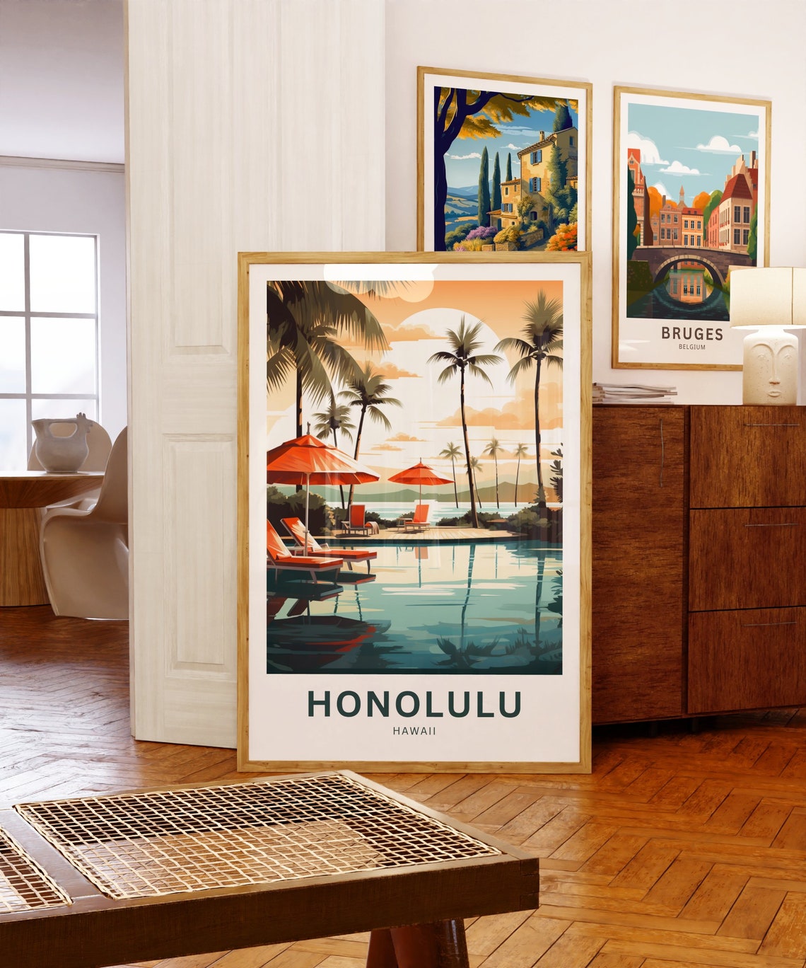 Honolulu Hawaii Resort Pool Palms Orange Umbrellas Sunset Poster - Image 5