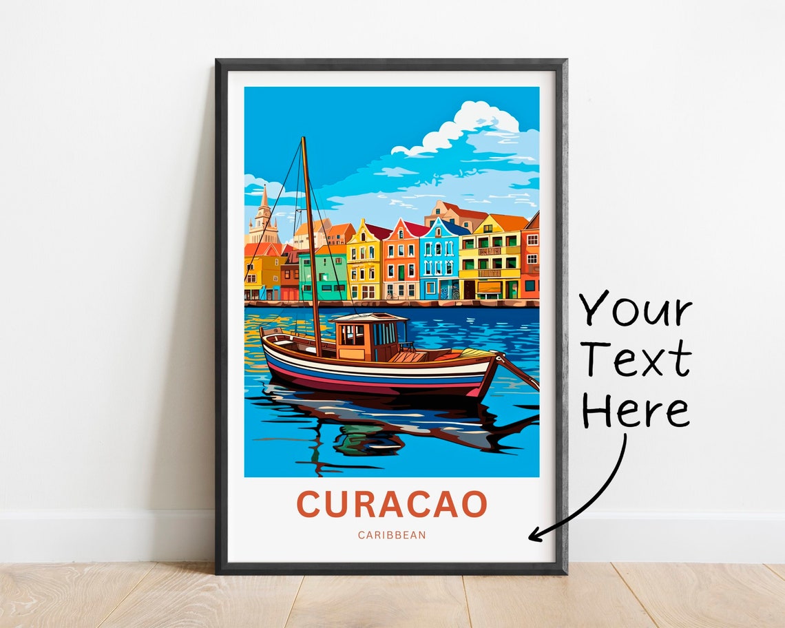 Curacao Caribbean Colorful Waterfront Harbor Boat Custom Art Poster