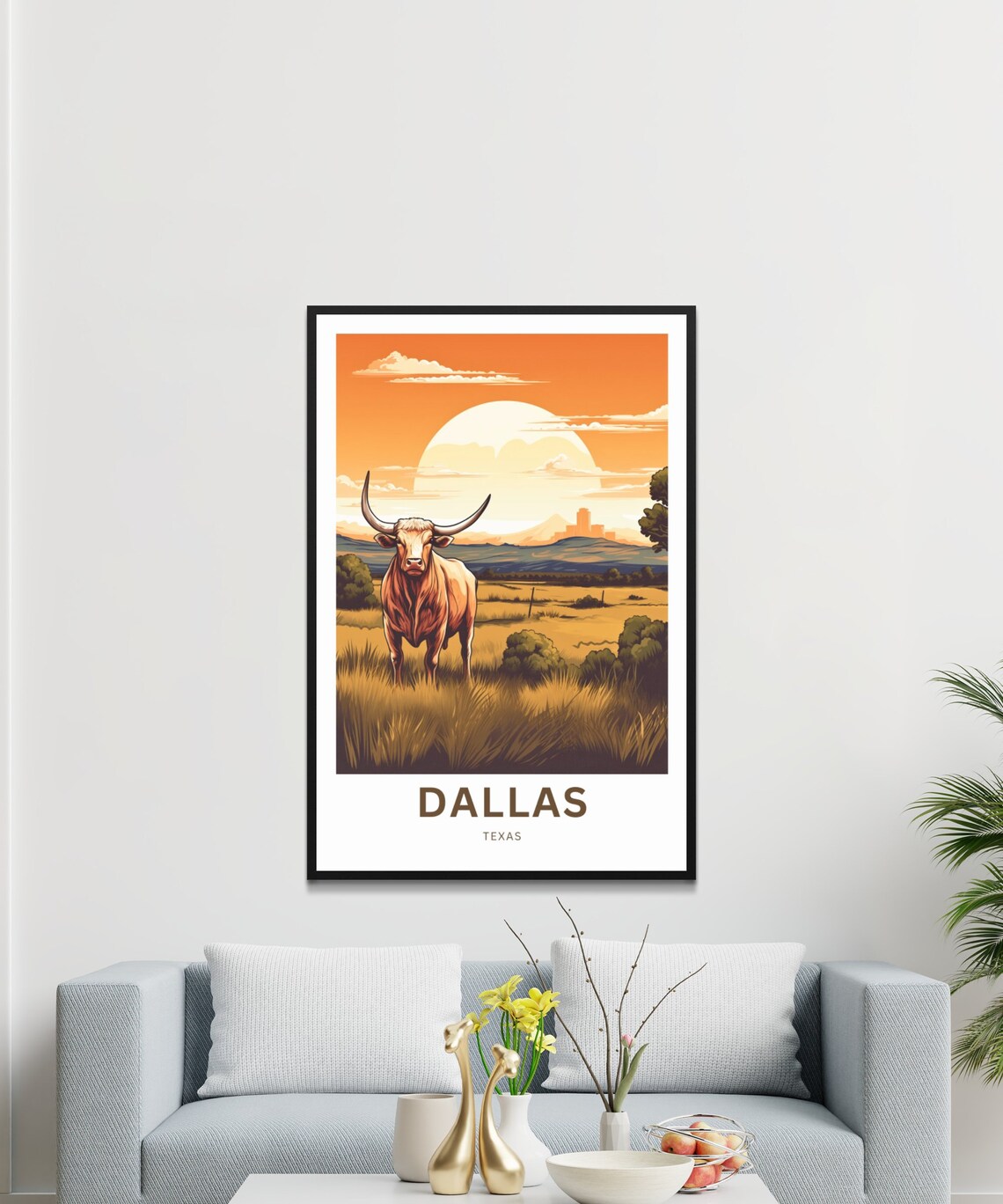 Dallas Texas Texas Longhorn Prairie Sunset Scene Travel Poster - Image 3