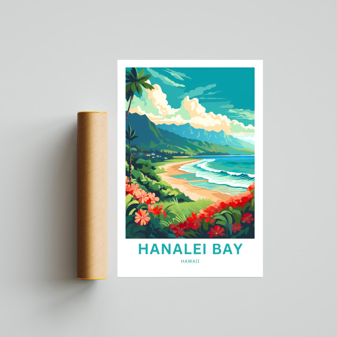 Personalized Hanalei Bay Hawaii Beach Custom Text Travel Poster - Image 4