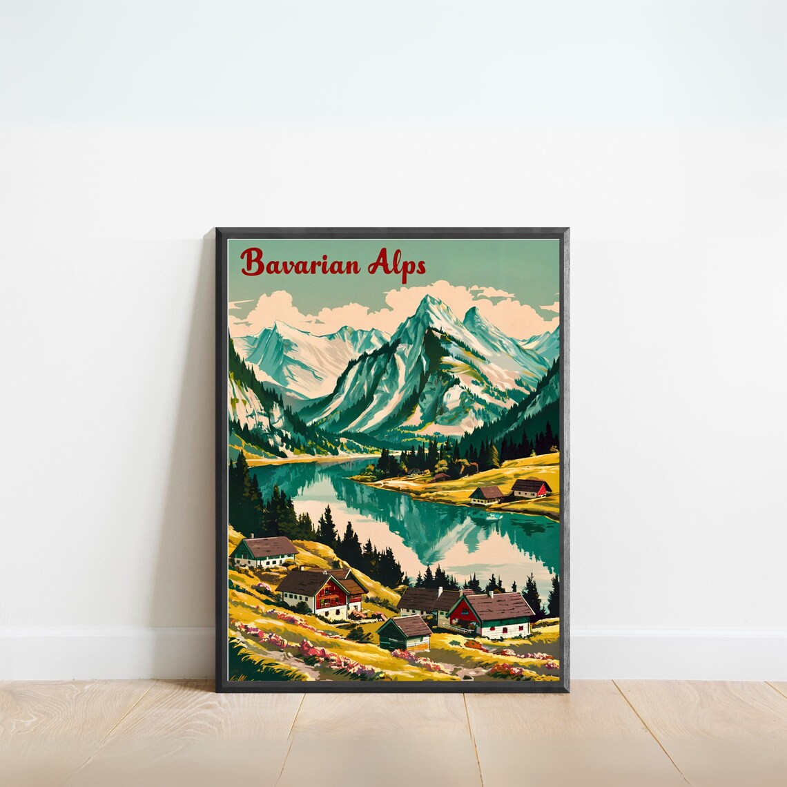 Bavarian Alps Germany Travel Poster Mountain Lake Village Vintage Art