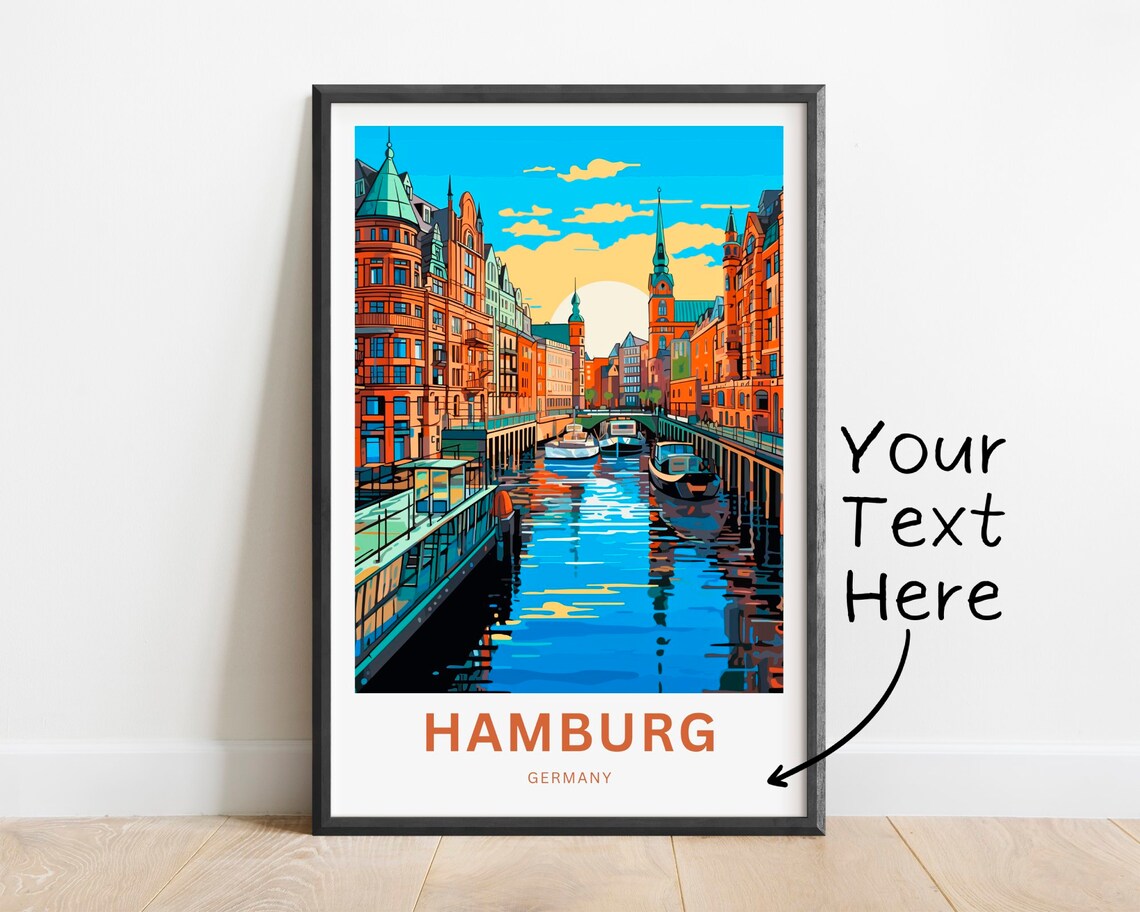 Hamburg Germany Canal Brick Warehouses Boats Sunset Travel Poster