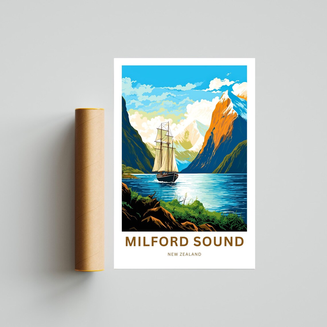 Milford Sound New Zealand Classic Tall Ship Fjord Scene Travel Poster - Image 4