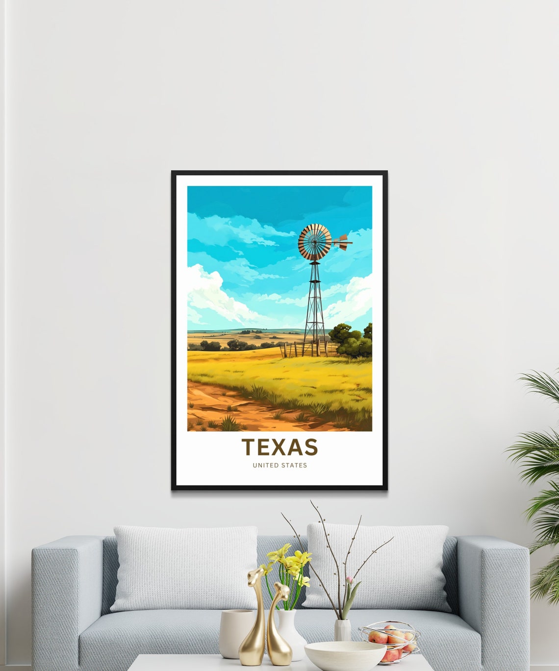 Texas Windmill Over Turquoise Sky And Wheat Field Travel Poster - Image 3