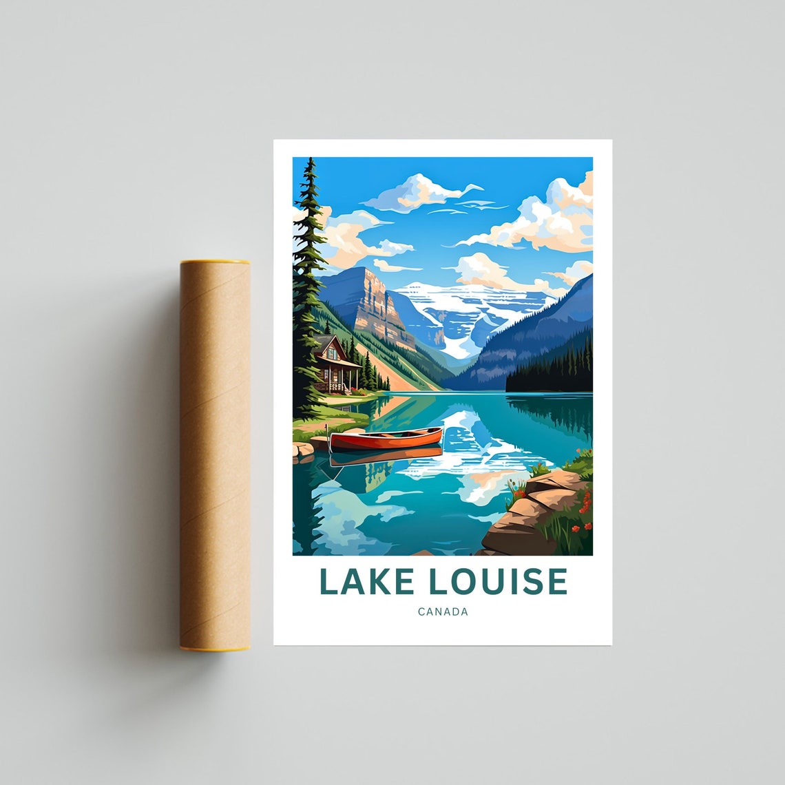 Lake Louise Canada Turquoise Lake Red Canoe Cabin View Travel Poster - Image 4