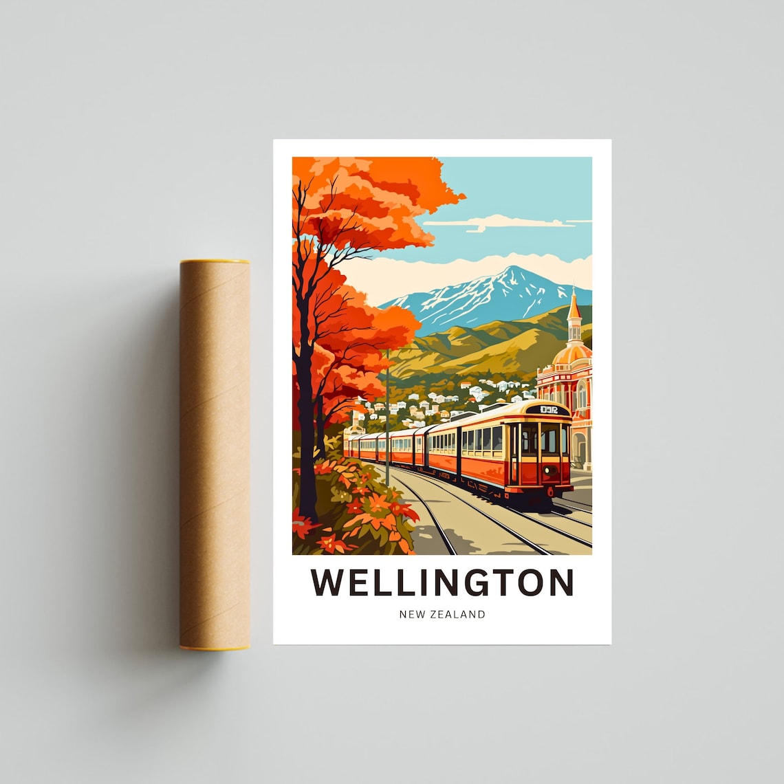 Wellington New Zealand Tram Autumn Trees Mountain View Travel Poster - Image 4