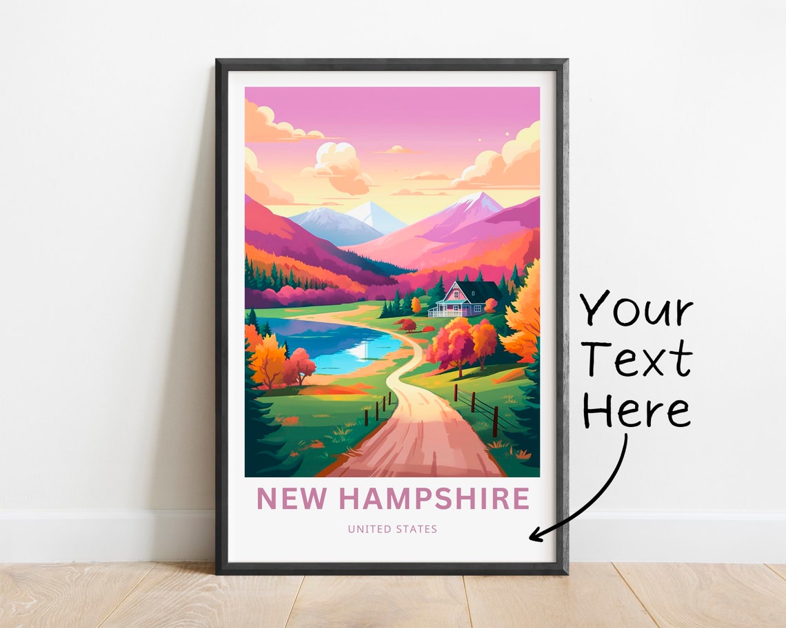 New Hampshire Personalized Poster with Countryside Lake and Mountains