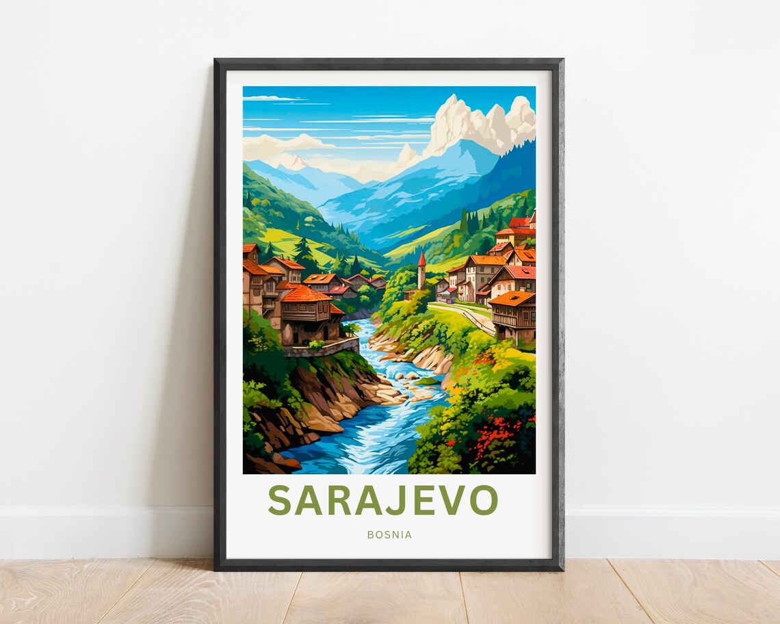 Sarajevo Bosnia Scenic Mountain Town River Valley Travel Poster