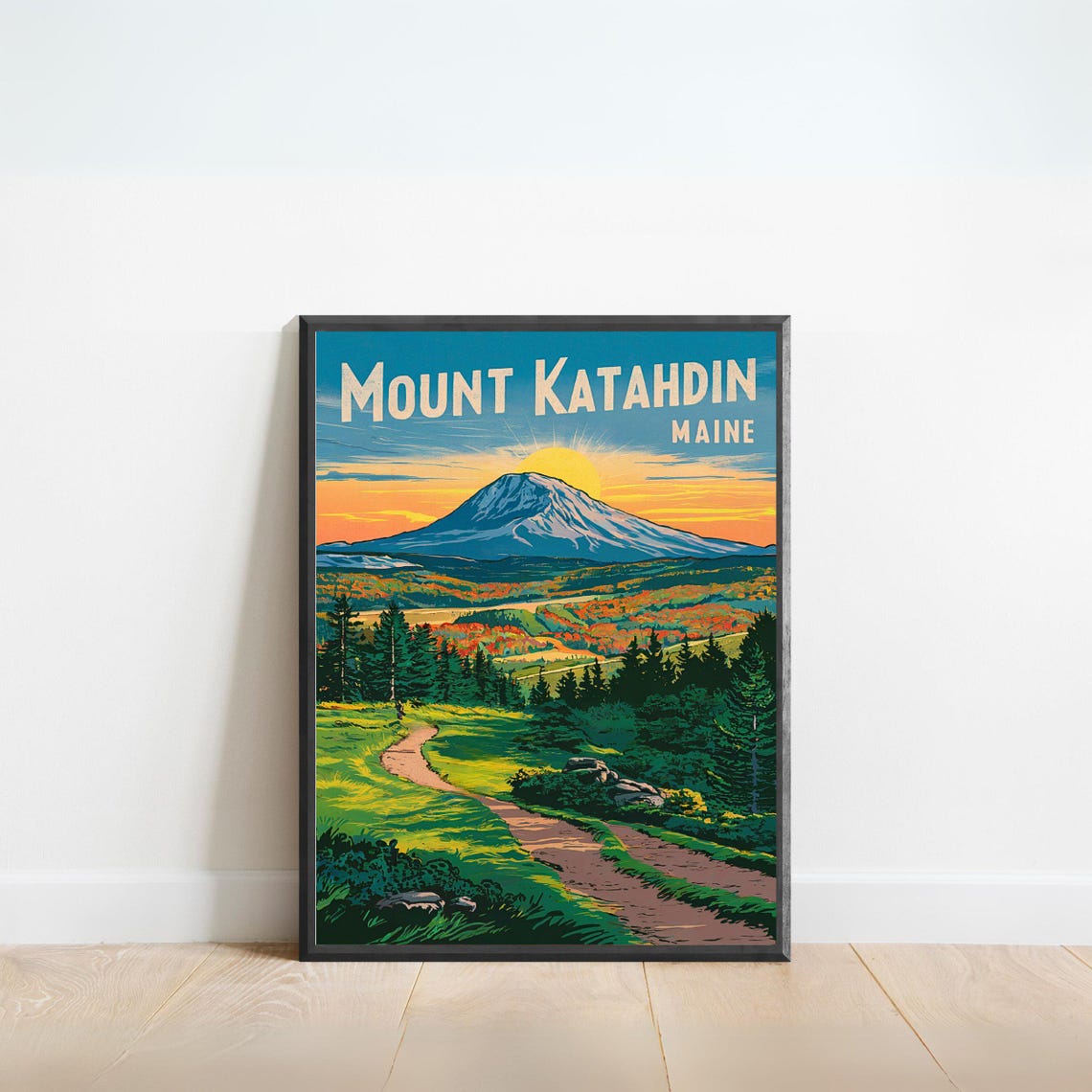 Mount Katahdin Maine Sunrise Summit Trail Vintage Travel Poster