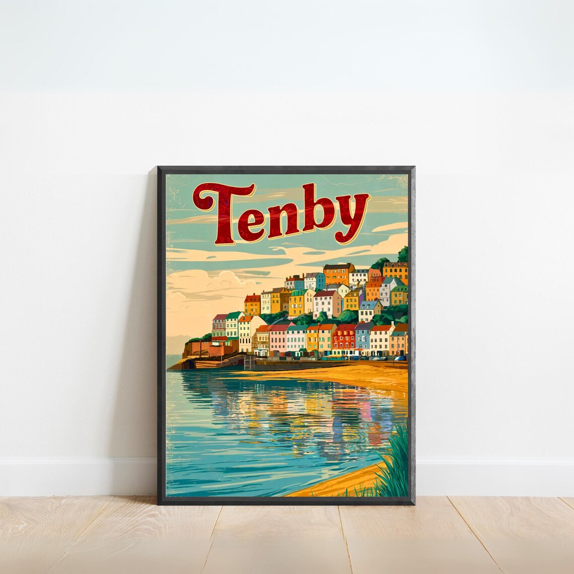 Tenby Wales Hillside Cottages Golden Beach Vintage Travel Poster