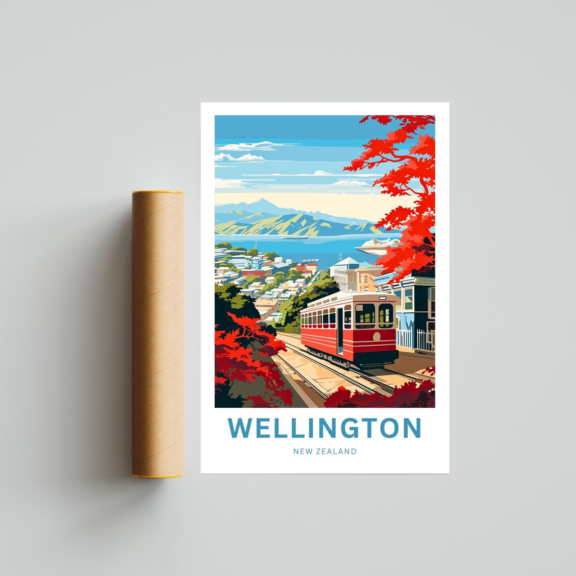 Wellington New Zealand Autumn Cable Car Red Foliage Harbor Poster - Image 4
