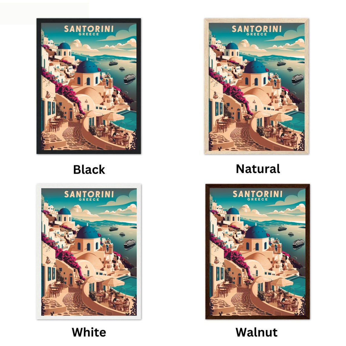 Santorini Greece Vintage Blue Domes Aegean Village Scenic Poster - Image 4