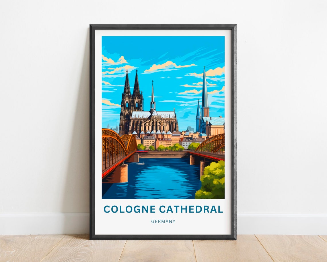 Cologne Cathedral Rhine Bridge Germany Retro Travel Art Poster
