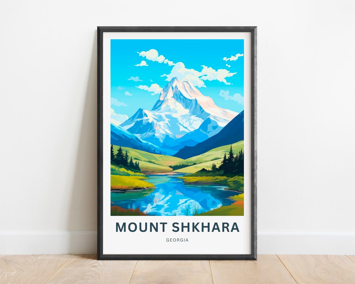 Mount Shkhara Georgia Glacier Peak Lake Reflection Travel Poster