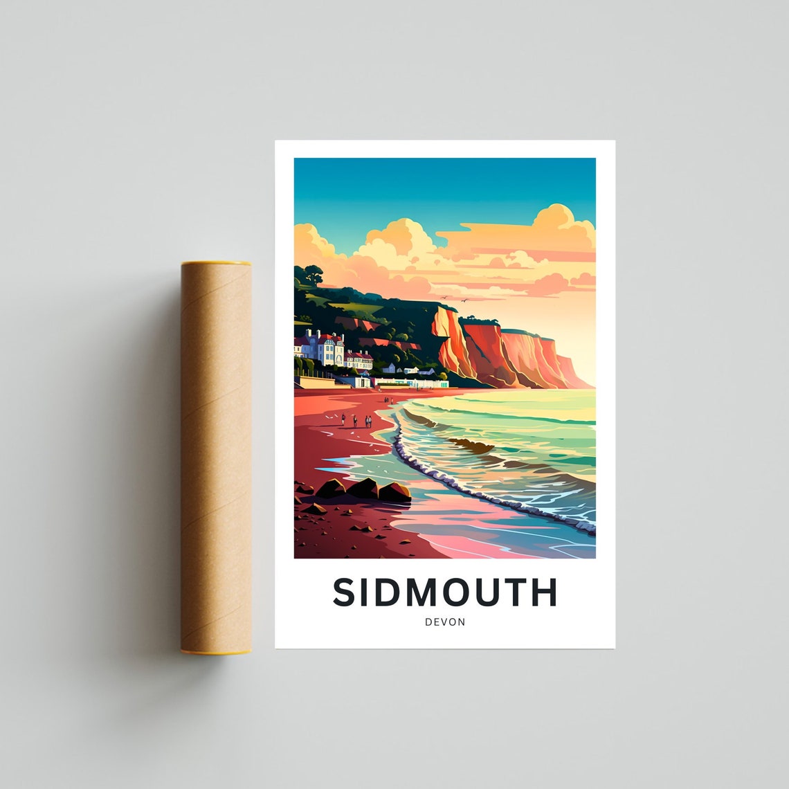 Sidmouth Devon Red Cliffs and Sandy Beach Beside Seaside Town Poster - Image 4