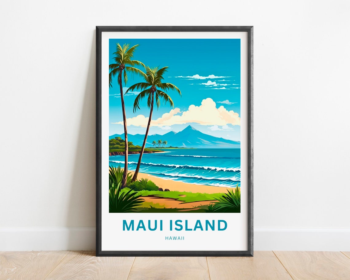 Maui Island Hawaii Beach With Palm Trees And Mountain View Poster