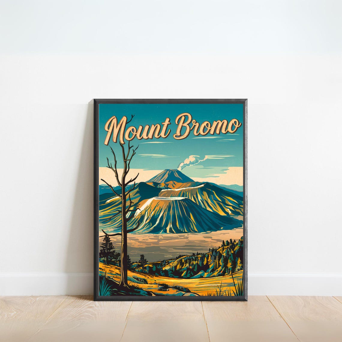 Mount Bromo Volcano Caldera Vintage Travel Poster With Bare Tree