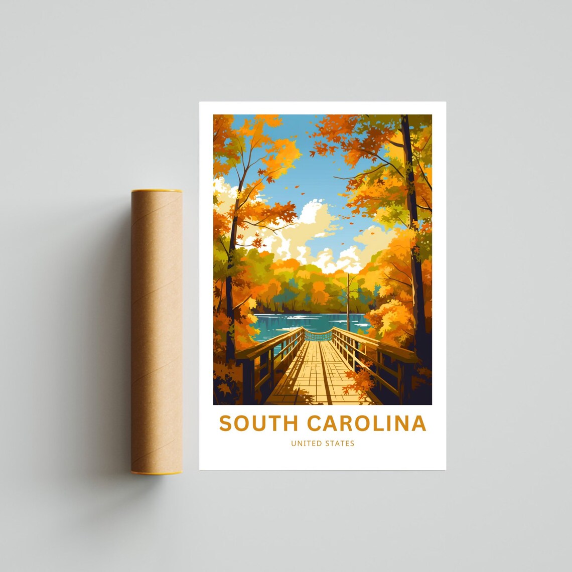 South Carolina United States Autumn Boardwalk Lake Travel Poster - Image 4