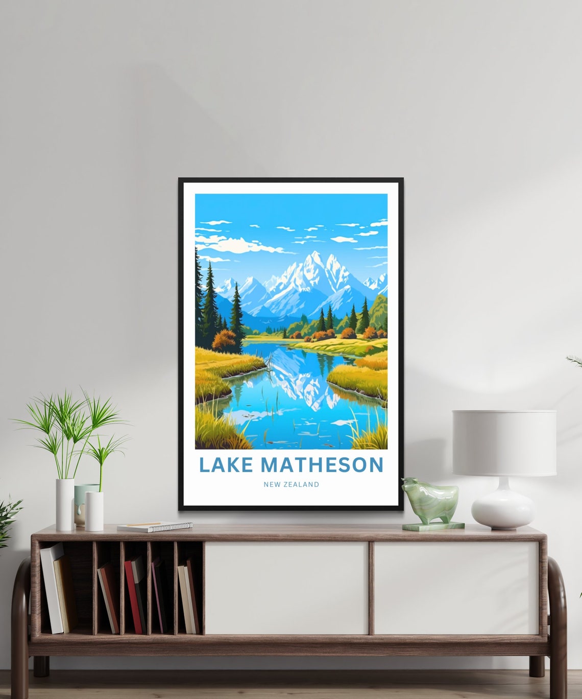 Lake Matheson New Zealand Scenic Mountain Reflection Art Poster - Image 2