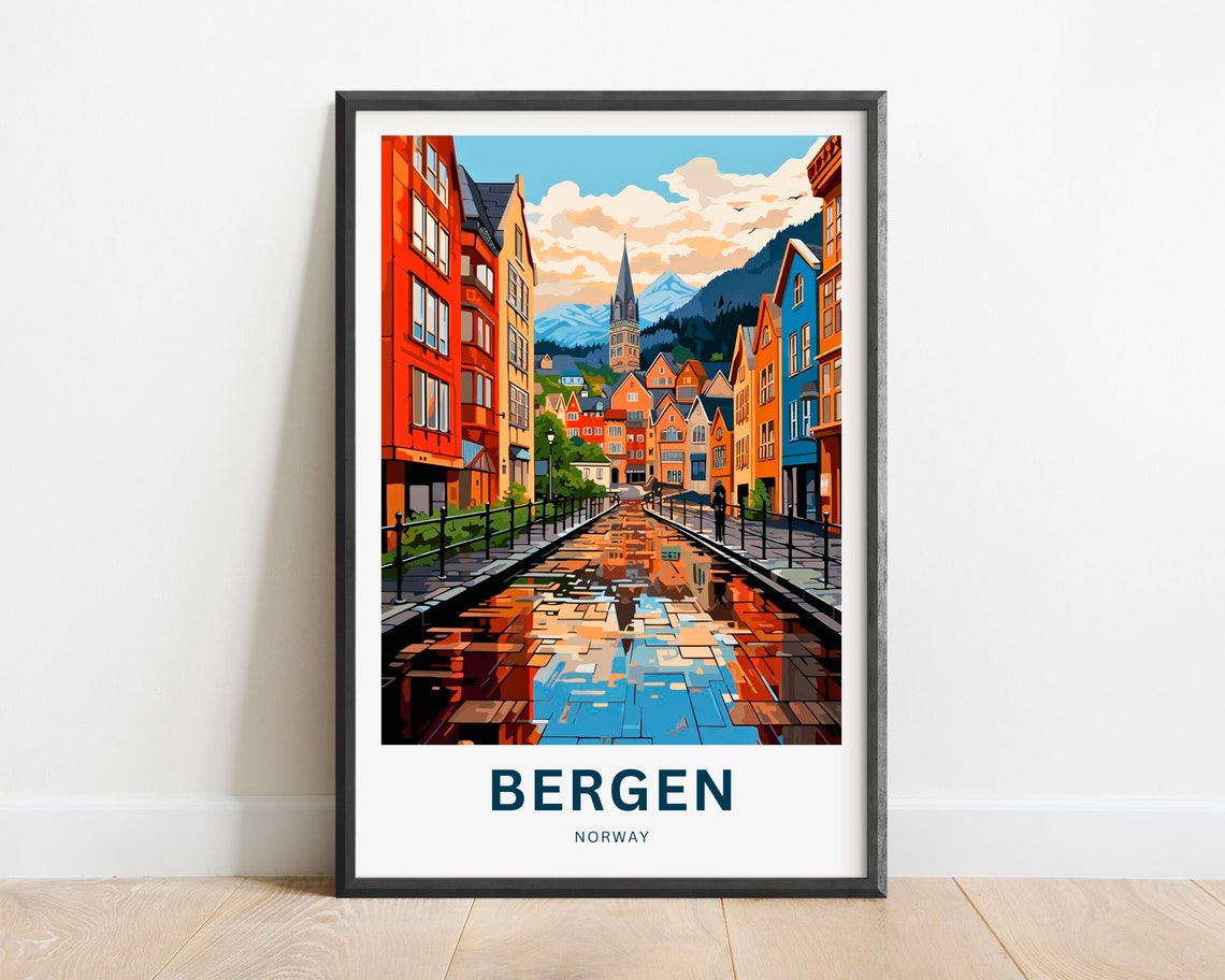 Bergen Norway Old Town Cobblestone Street Rain Reflections Poster