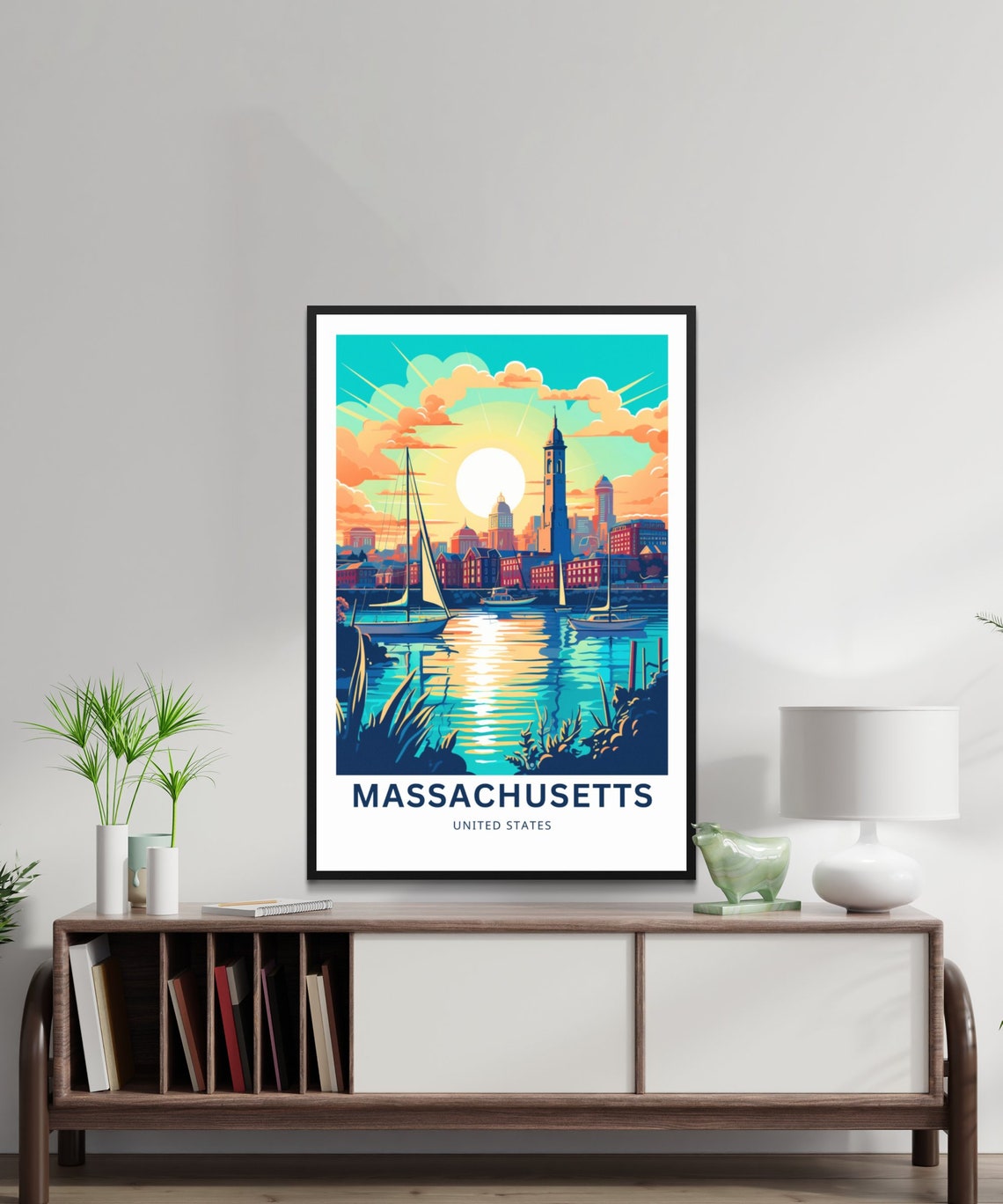 Personalized Massachusetts Harbor Sunset Sailboat Travel Poster - Image 2