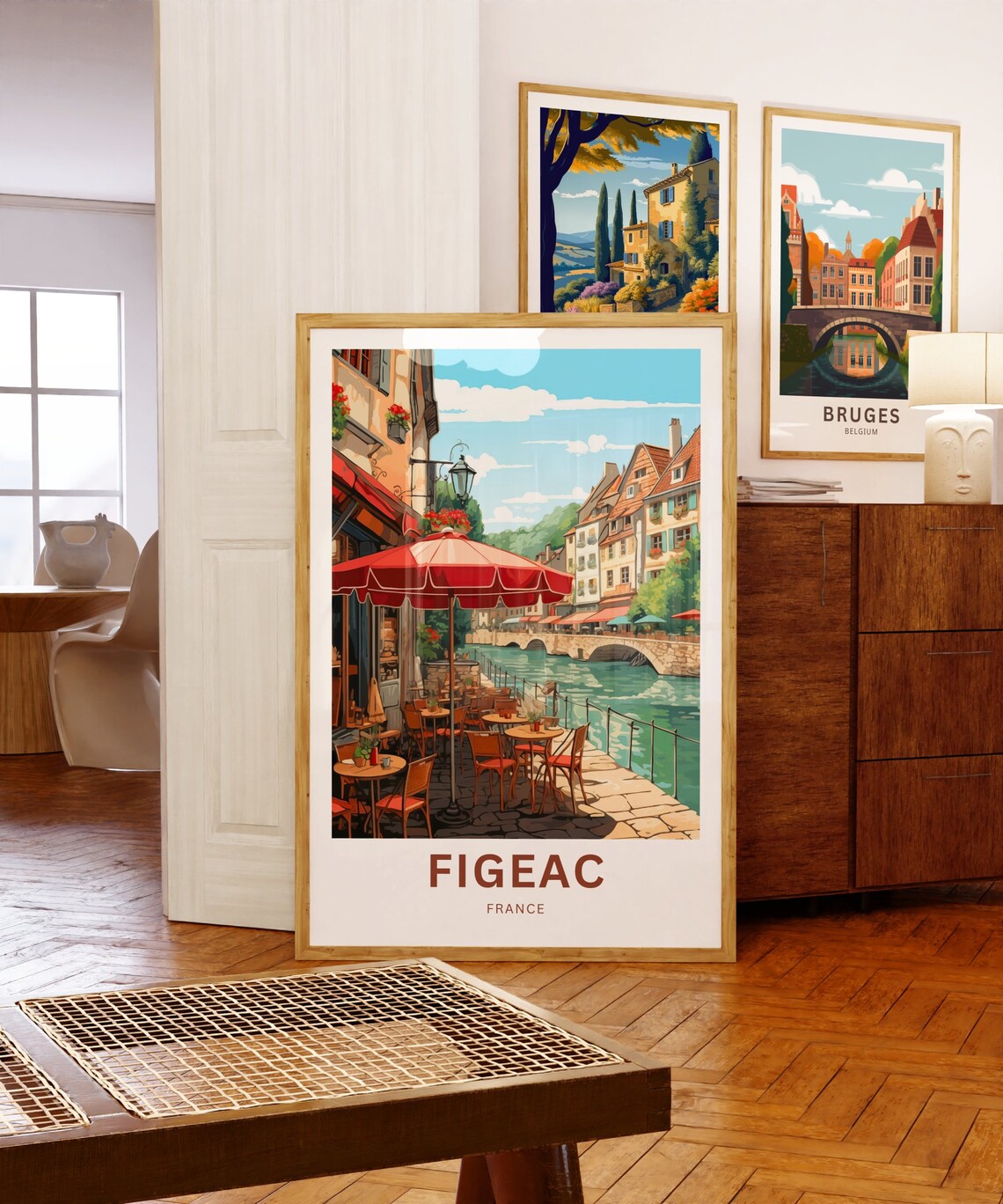 Figeac France Riverside Cafe Red Umbrellas Terrace Vintage Poster - Image 5