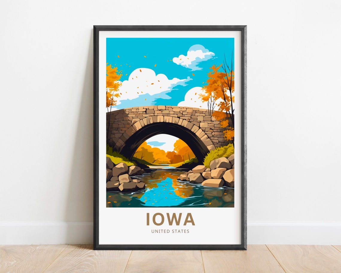 Iowa United States Stone Bridge Autumn Fall Foliage Travel Poster