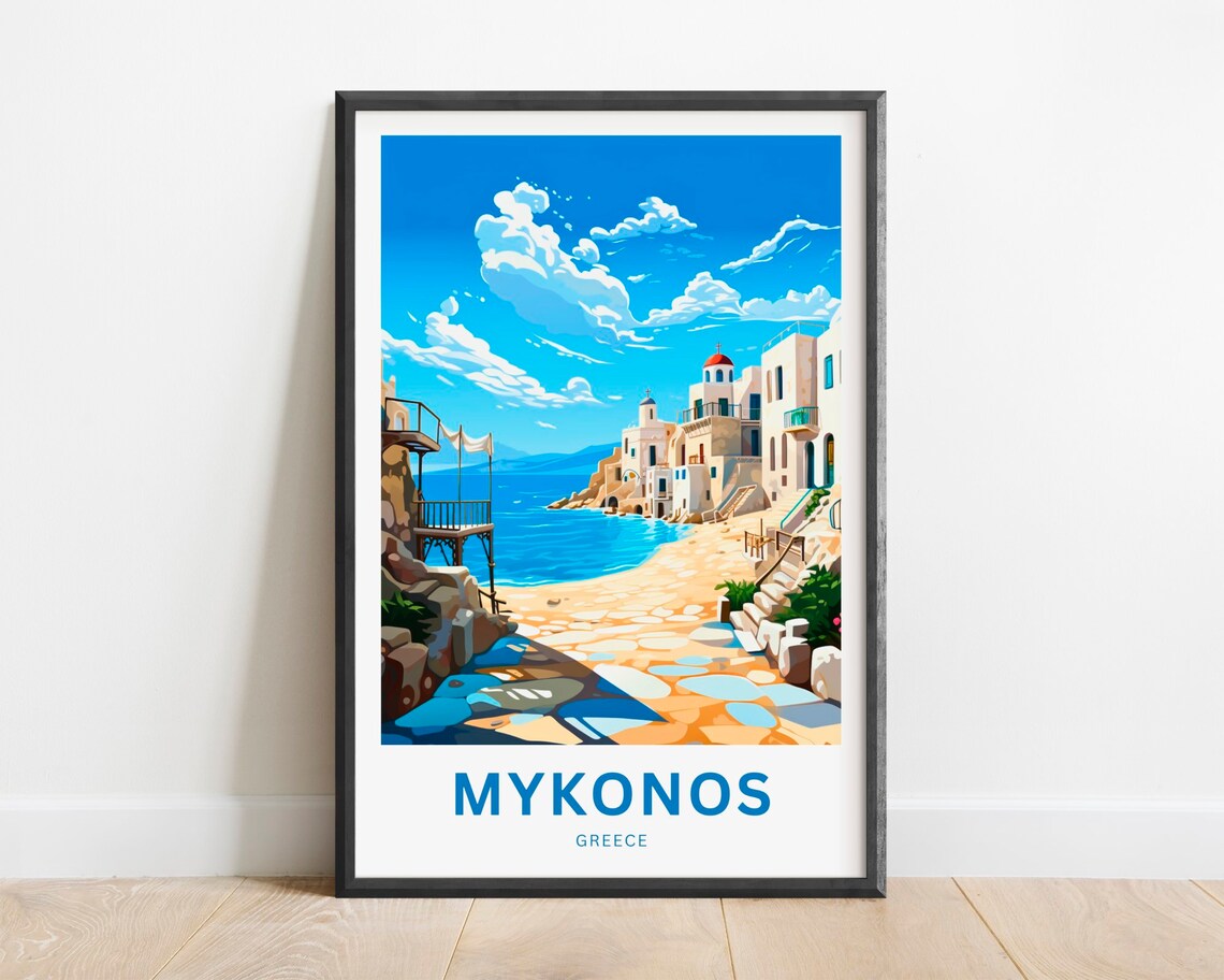 Mykonos Greece Old Town Waterfront Lane Vintage Travel Poster