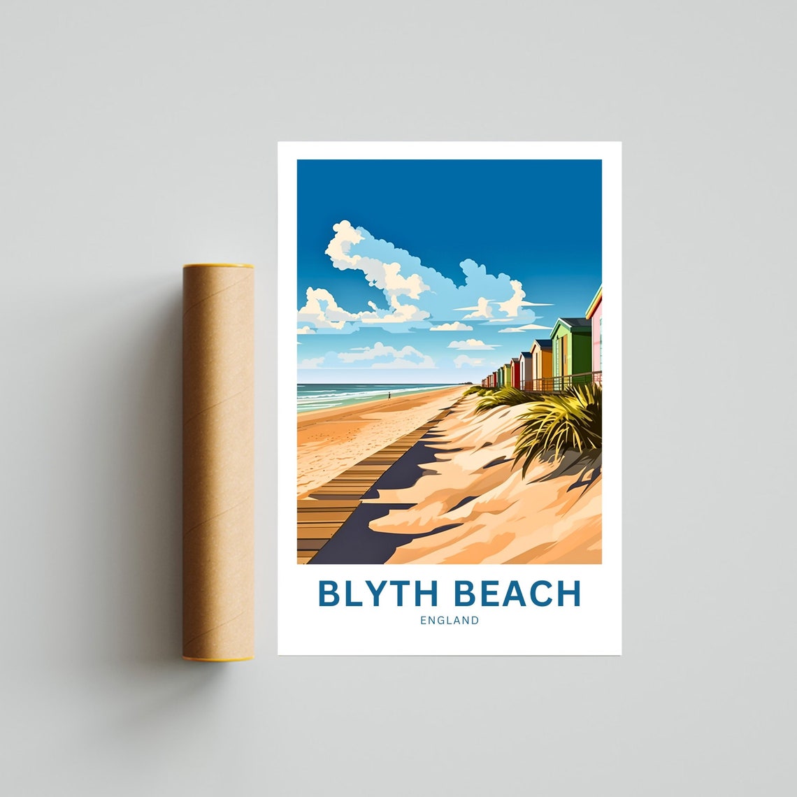 Blyth Beach England Boardwalk Dunes Beach Huts Coastal Scene Poster - Image 4