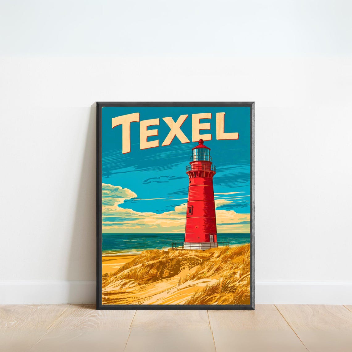 Texel Netherlands Red Lighthouse Sand Dunes Vintage Travel Poster