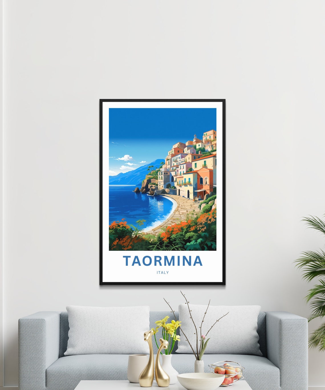 Taormina Italy Seaside Cove Colorful Houses Illustrated Poster - Image 3