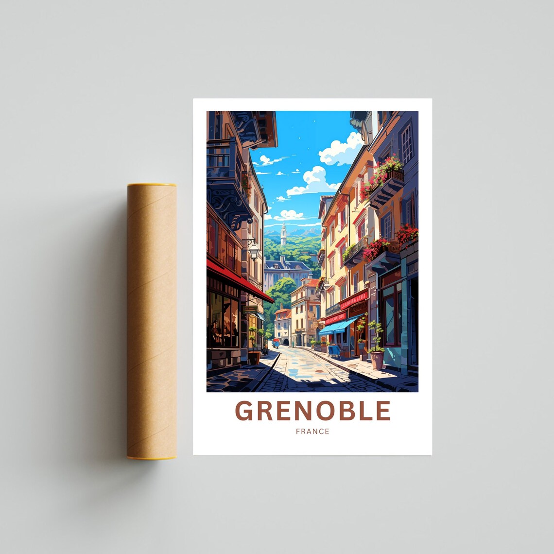 Grenoble France Charming Old Town Cobblestone Street Travel Poster - Image 4