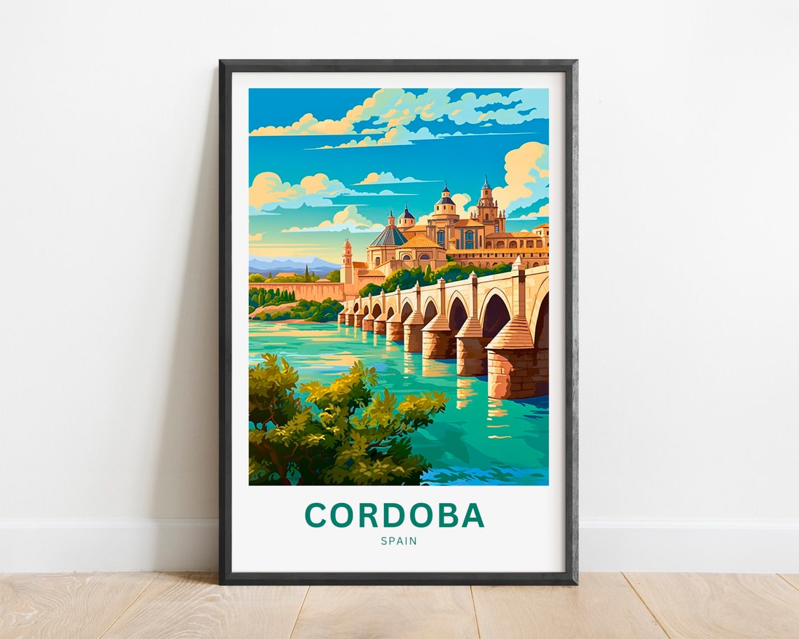 Cordoba Spain Roman Bridge Cathedral River View Travel Poster