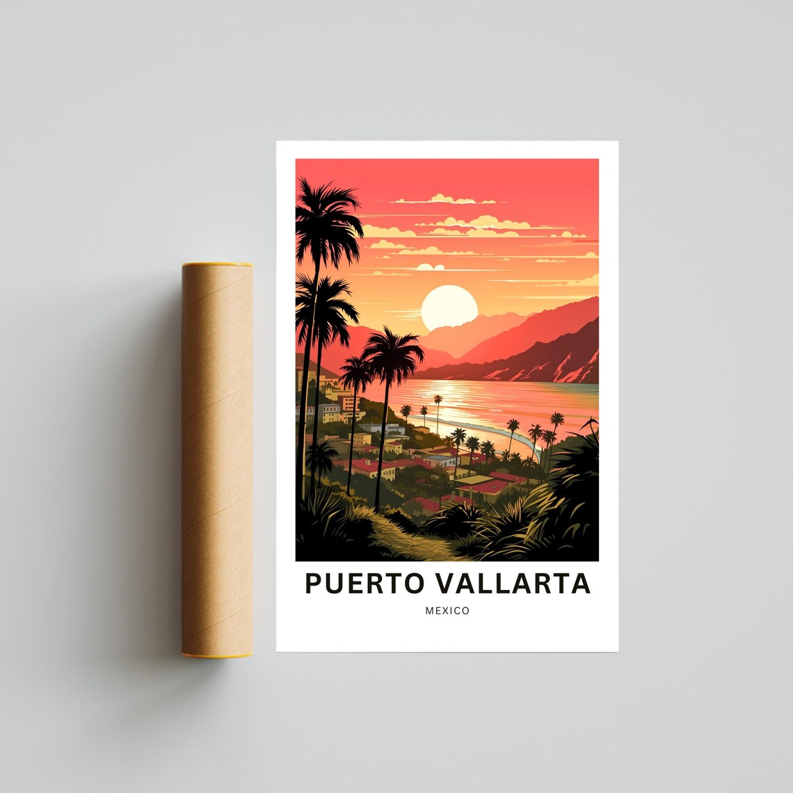 Personalized Puerto Vallarta Mexico Travel Poster Sunset Palms Bay - Image 4