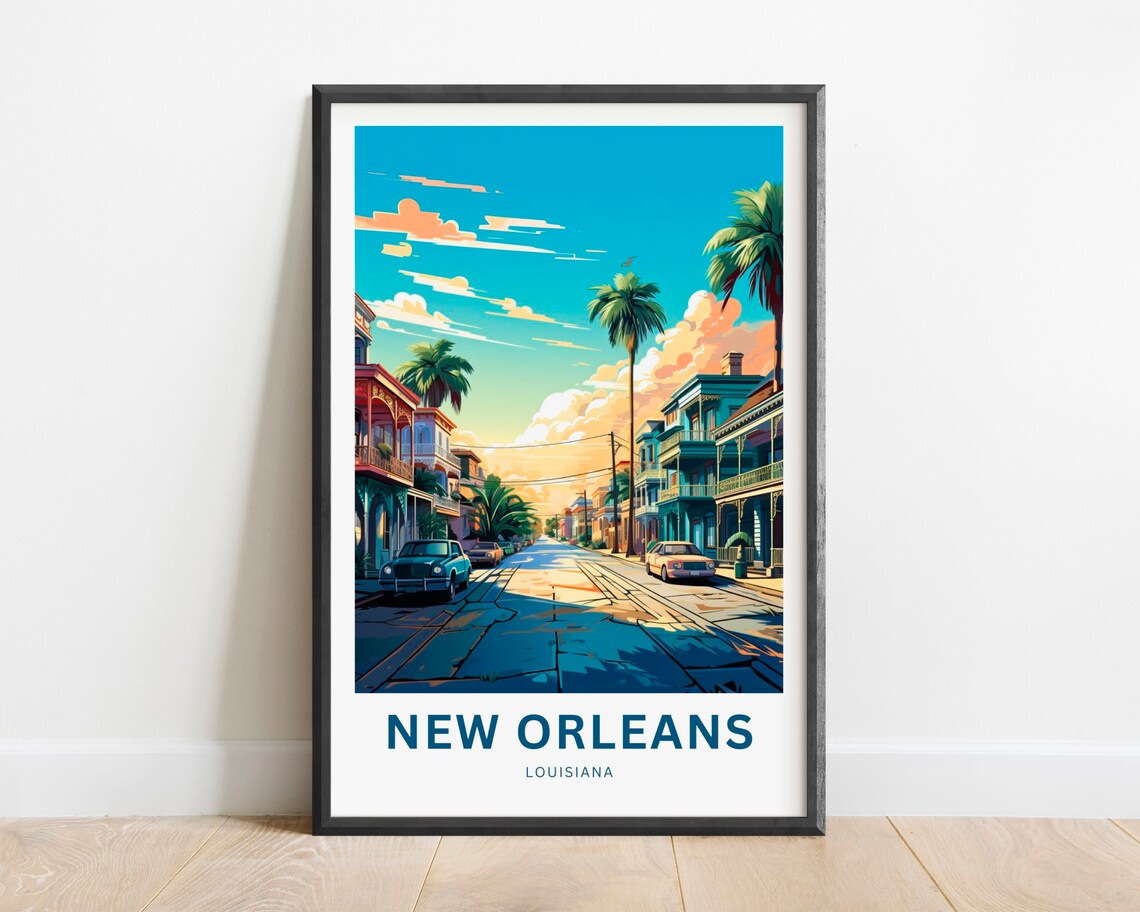 New Orleans Louisiana Palm Tree Street Vintage Cars Sunset Poster