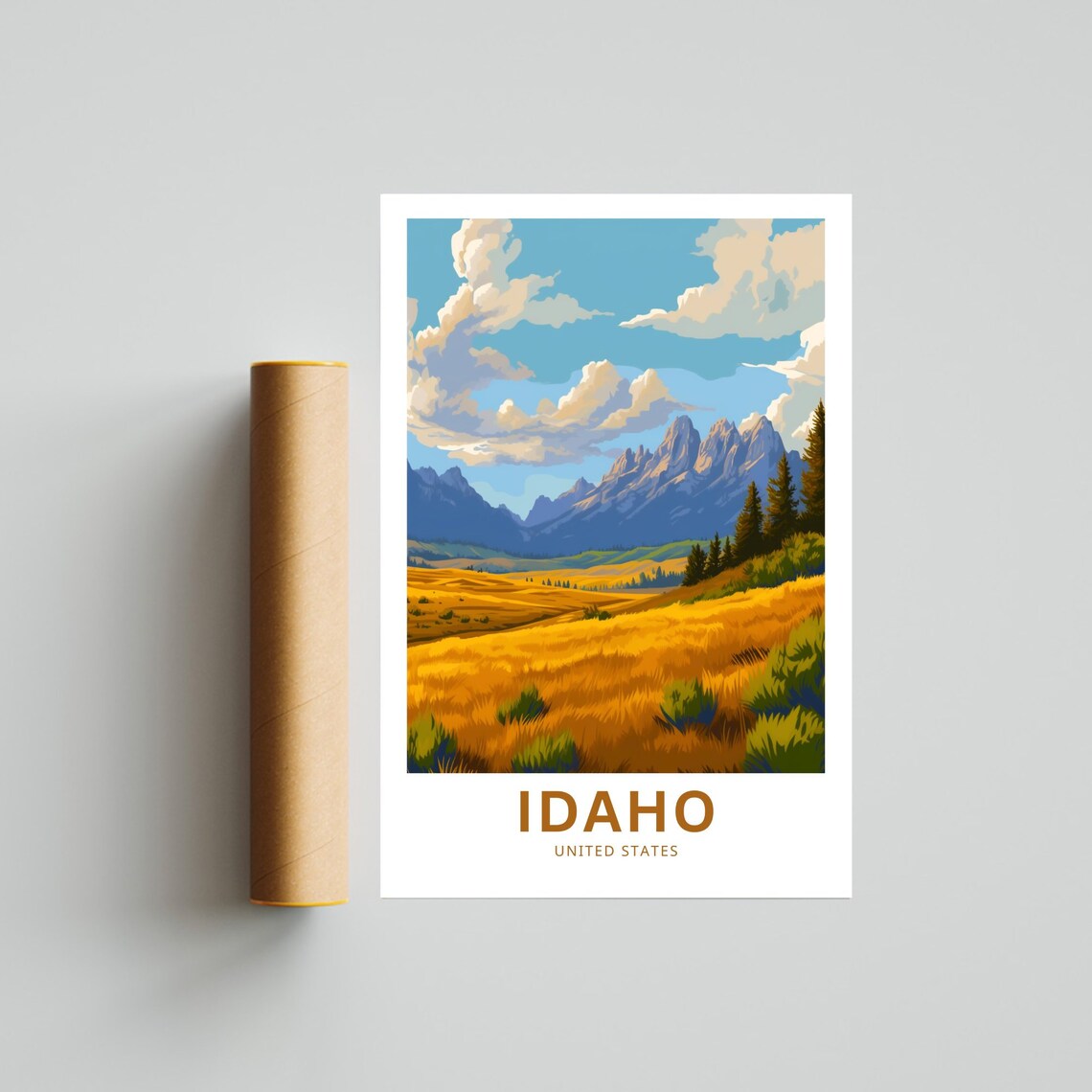 Idaho Golden Meadow Mountain Peaks Autumn Field Travel Poster - Image 4