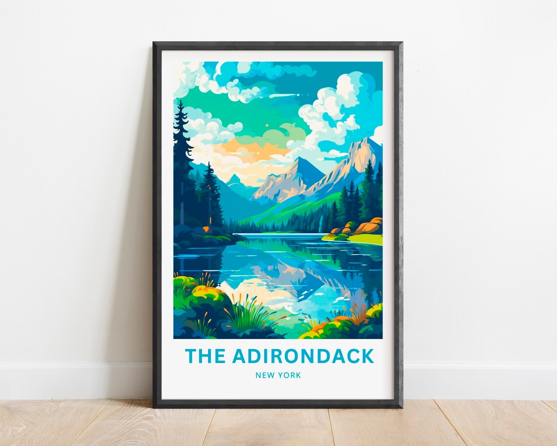 Adirondack New York Mountain Lake Reflection Pine Forest Travel Poster
