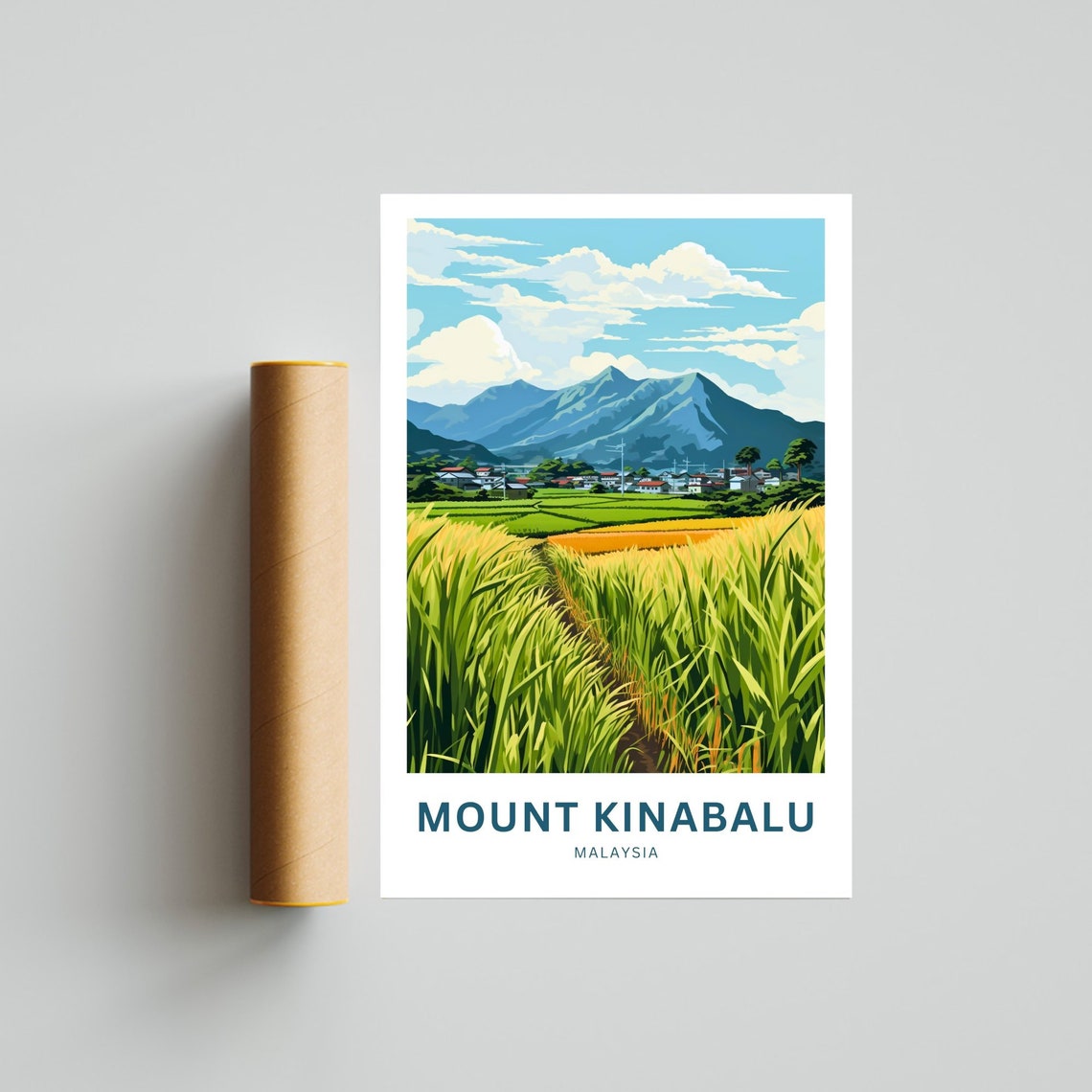 Mount Kinabalu Malaysia Blue Peaks Rice Fields Travel Poster - Image 4