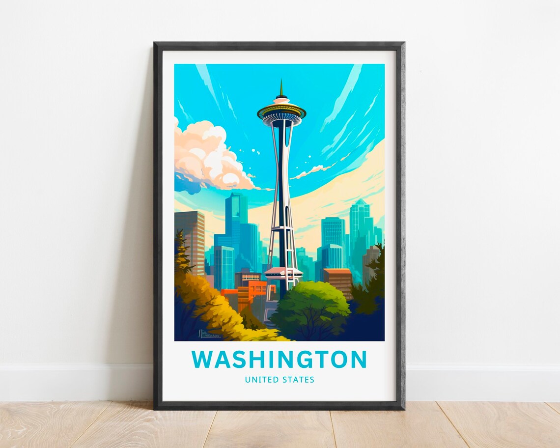 Washington Seattle Space Needle Skyline Cityscape Travel Poster