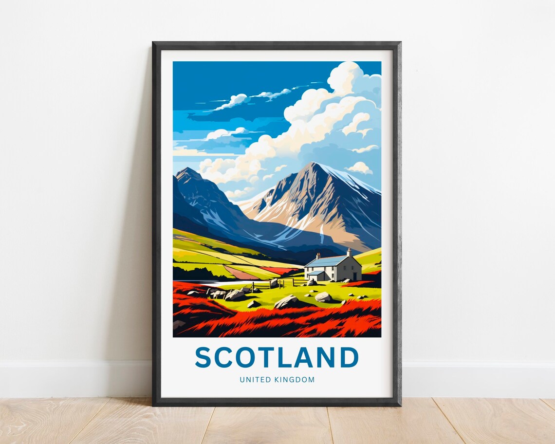 Scotland UK Highland Glen Cottage Mountain Landscape Travel Poster