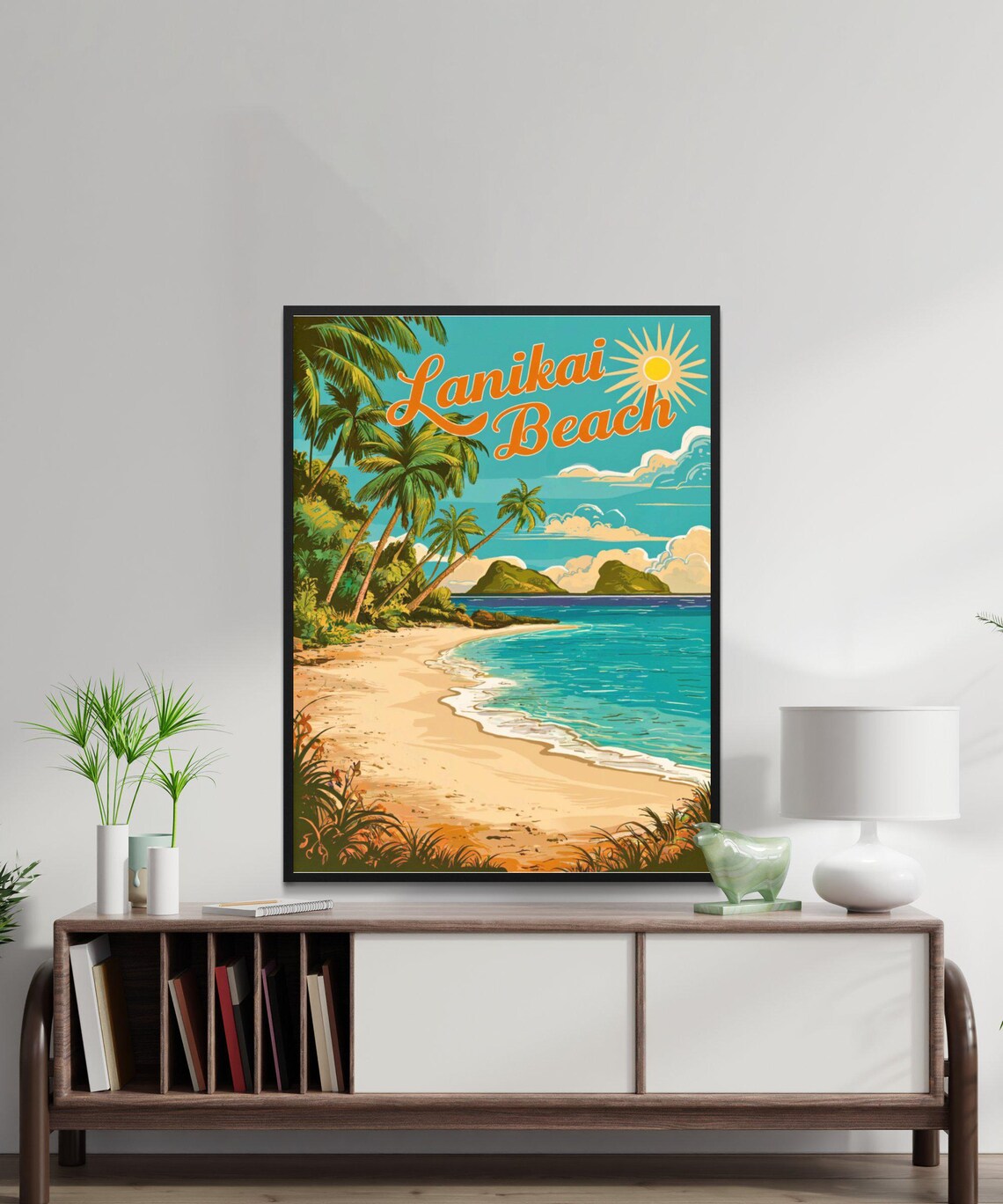 Lanikai Beach Oahu Palms Sunshine Tropical Vintage Travel Poster
