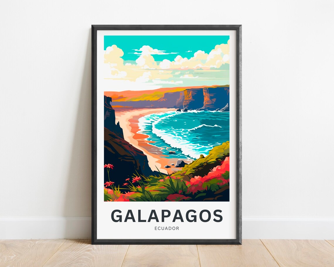 Galapagos Beach Cove Waves Vintage Travel Poster Island Surf Ocean Art