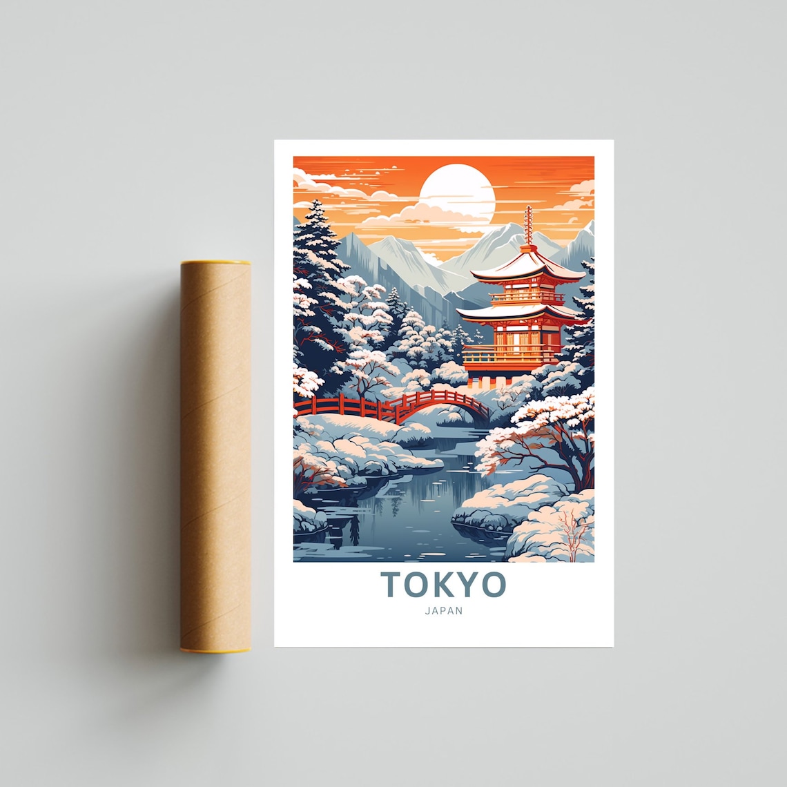 Tokyo Japan Winter Pagoda Temple Snow Bridge Travel Art Poster - Image 4
