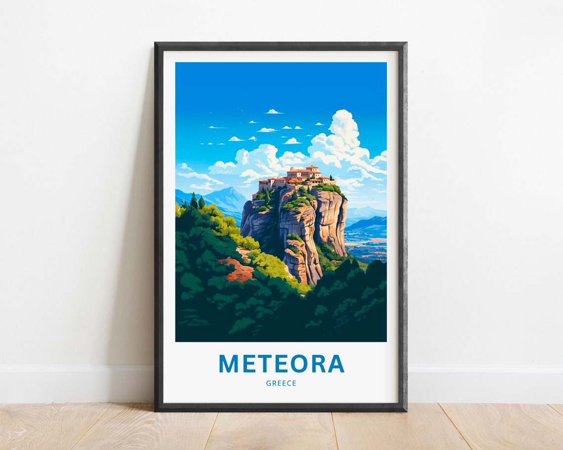 Meteora Greece Monastery Cliff Top Retro Travel Poster Rock Sanctuary
