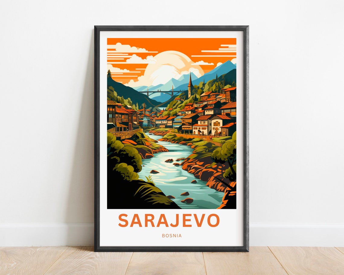 Sarajevo Bosnia Sunset Riverside Old Town Valley Travel Poster