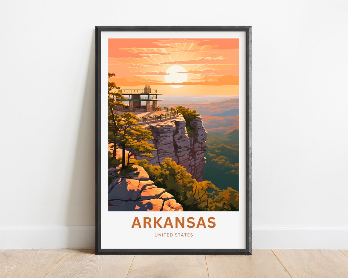 Arkansas Cliff Overlook Pavilion Golden Sunset Travel Poster