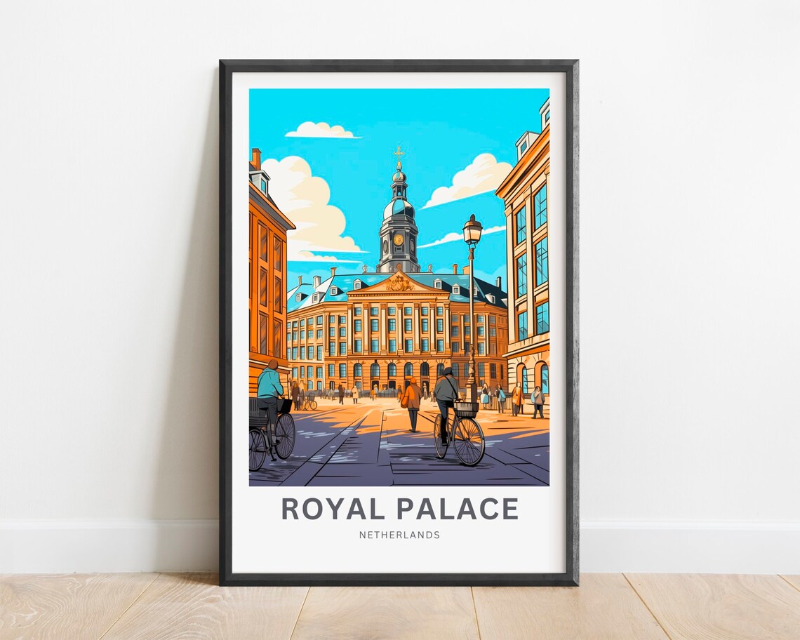 Royal Palace Netherlands Cyclists Street Scene Travel Poster